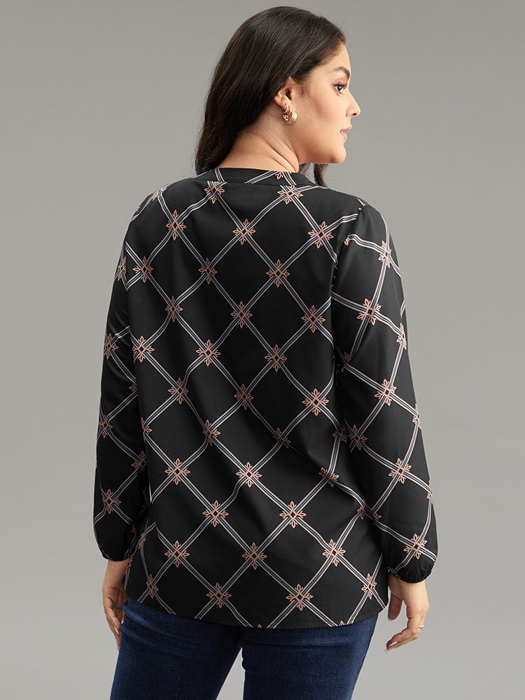 Plus Size Women Work Plaid Elastic cuffs Lantern Sleeve Long Sleeve Notched collar Office Blouses BloomChic 