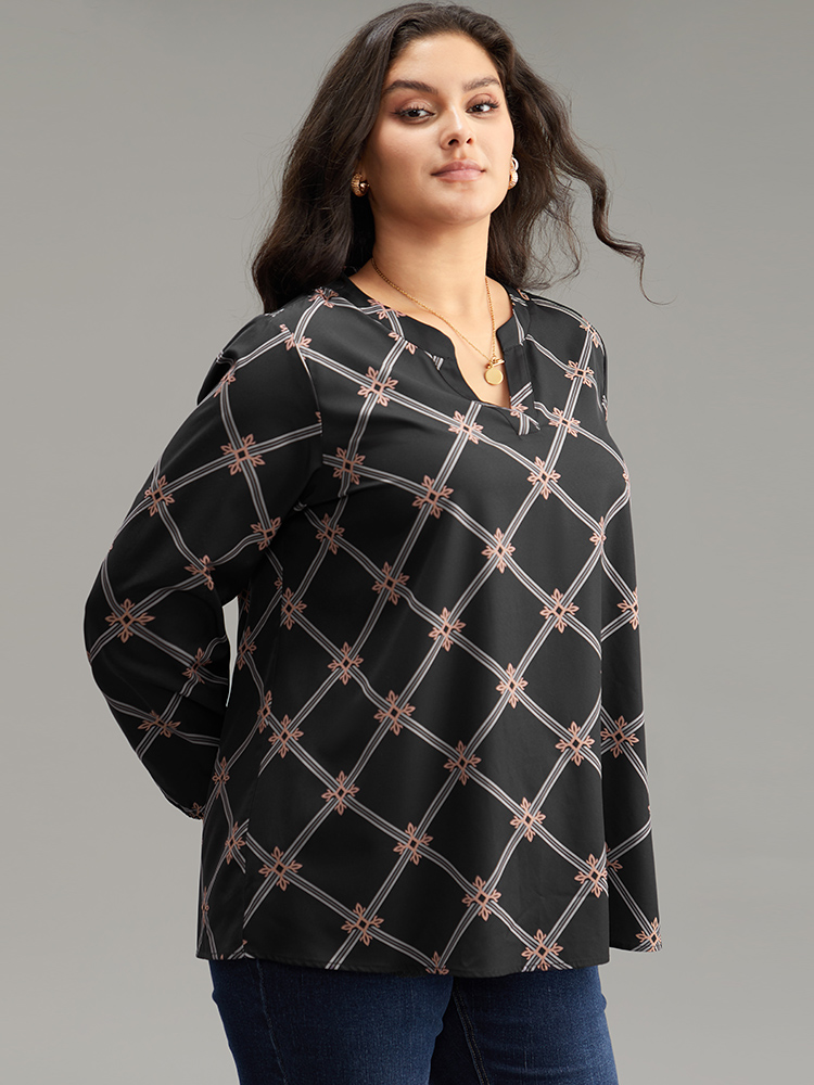 Plus Size Women Work Plaid Elastic cuffs Lantern Sleeve Long Sleeve Notched collar Office Blouses BloomChic 