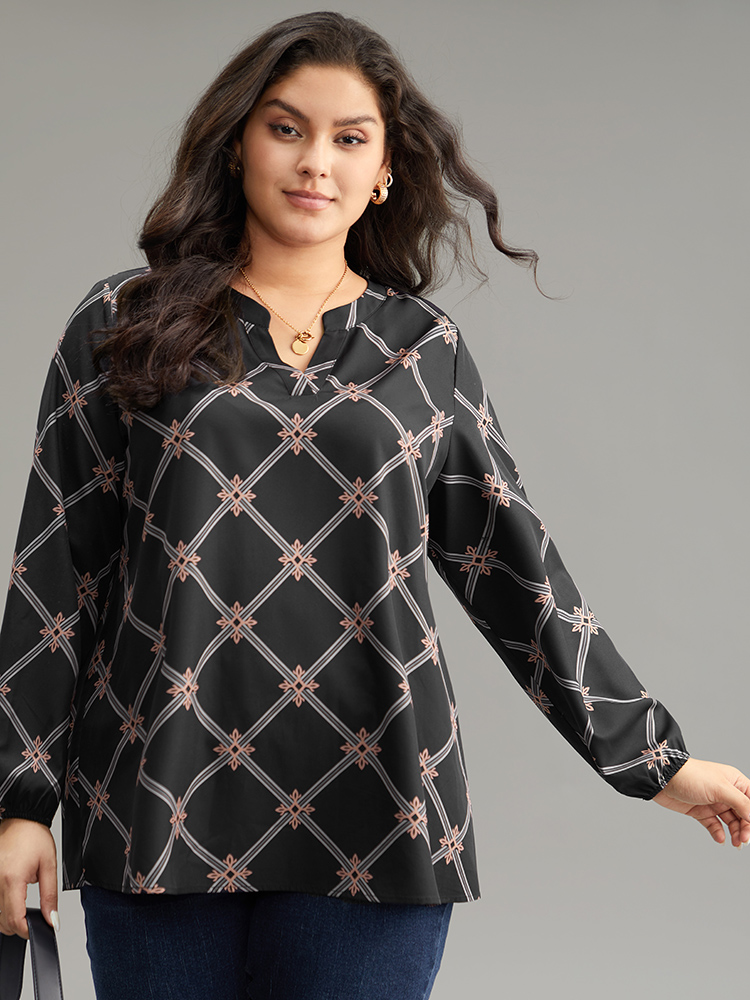 Plus Size Women Work Plaid Elastic cuffs Lantern Sleeve Long Sleeve Notched collar Office Blouses BloomChic 