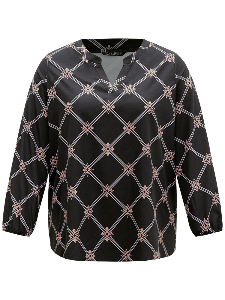 Plus Size Women Work Plaid Elastic cuffs Lantern Sleeve Long Sleeve Notched collar Office Blouses BloomChic 