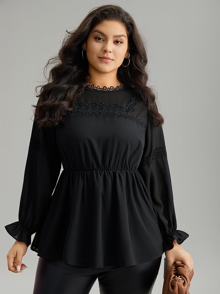 

Plus Size Black Plain Ruffles Elastic Waist Lace Patchwork Blouse Women Office Long Sleeve Stand-up collar Work Blouses BloomChic