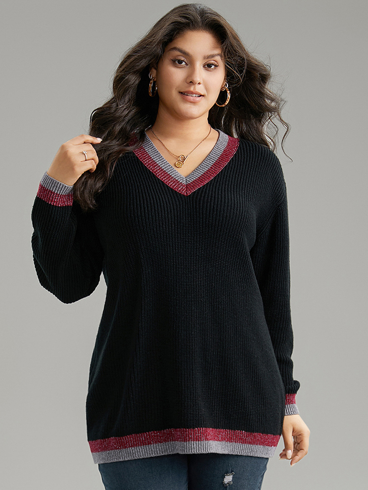 

Plus Size Two Tone Trim V Neck Plisse Pullover Black Women Casual Loose Long Sleeve V-neck Dailywear Pullovers BloomChic