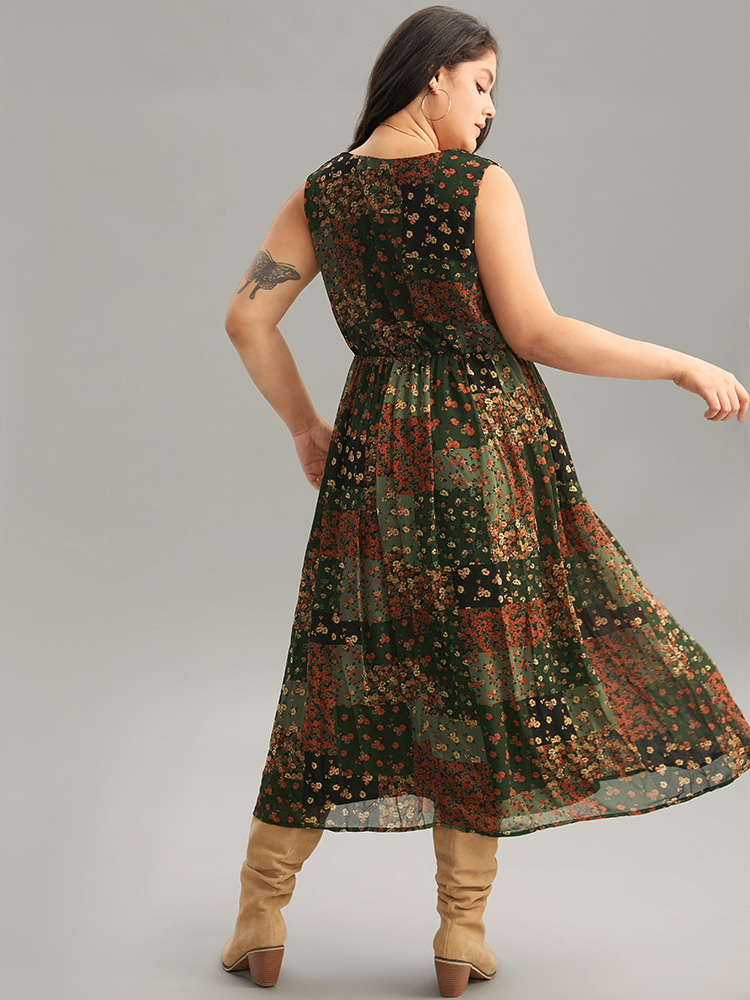 Plus Size Floral Print Pocket Contrast Tank Dress ArmyGreen Women Vacation Printed V-neck Sleeveless Curvy Midi Dress BloomChic 18-20/2X 