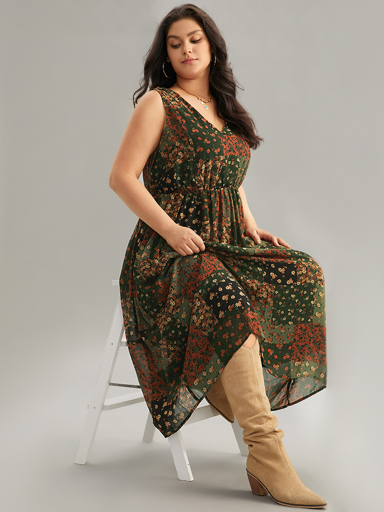 Plus Size Floral Print Pocket Contrast Tank Dress ArmyGreen Women Vacation Printed V-neck Sleeveless Curvy Midi Dress BloomChic 18-20/2X 