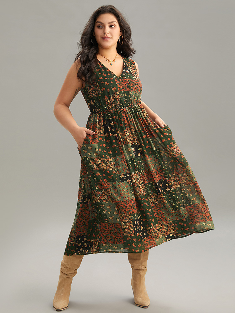 Plus Size Floral Print Pocket Contrast Tank Dress ArmyGreen Women Vacation Printed V-neck Sleeveless Curvy Midi Dress BloomChic 18-20/2X 