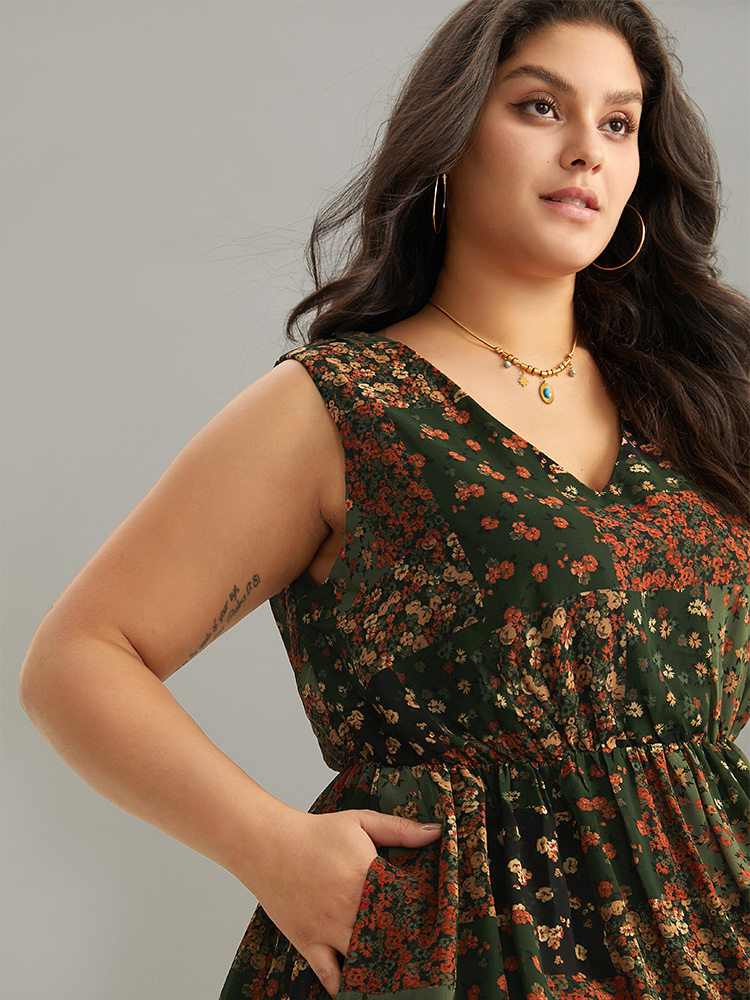 Plus Size Floral Print Pocket Contrast Tank Dress ArmyGreen Women Vacation Printed V-neck Sleeveless Curvy Midi Dress BloomChic 18-20/2X 