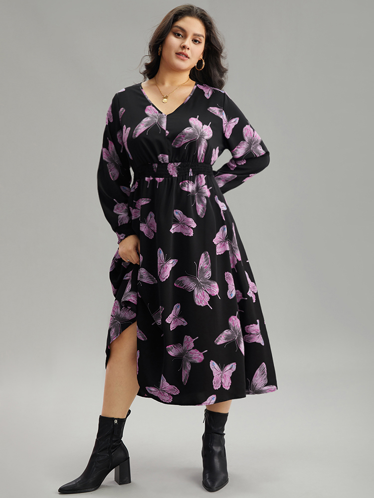 

Plus Size Butterfly Print Pocket Shirred Cuffs Dress Black Women Elegant Printed V-neck Long Sleeve Curvy Midi Dress BloomChic