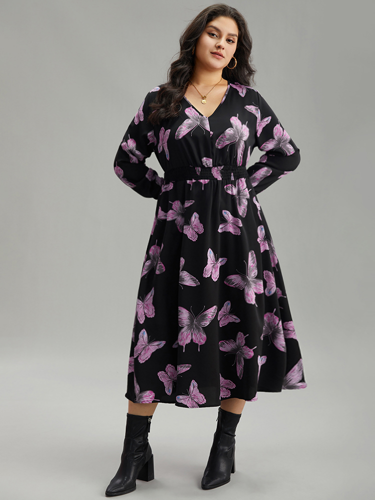 

Plus Size Butterfly Print Pocket Shirred Cuffs Dress Black Women Elegant Printed V-neck Long Sleeve Curvy Midi Dress BloomChic