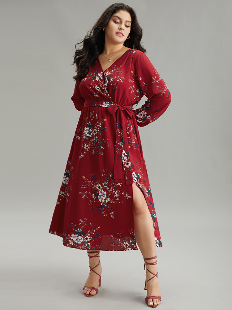 

Plus Size Floral Print Belted Split Surplice Neck Dress Scarlet Women Elegant Elastic cuffs Overlap Collar Long Sleeve Curvy Midi Dress BloomChic