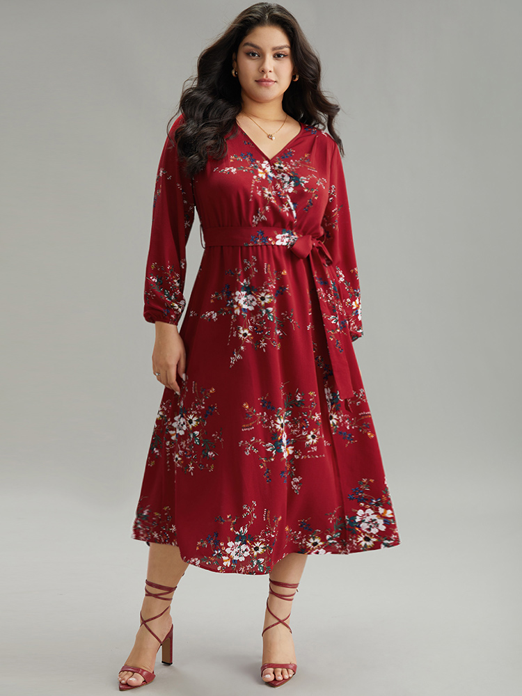 

Plus Size Floral Print Belted Split Surplice Neck Dress Scarlet Women Elegant Elastic cuffs Overlap Collar Long Sleeve Curvy Midi Dress BloomChic