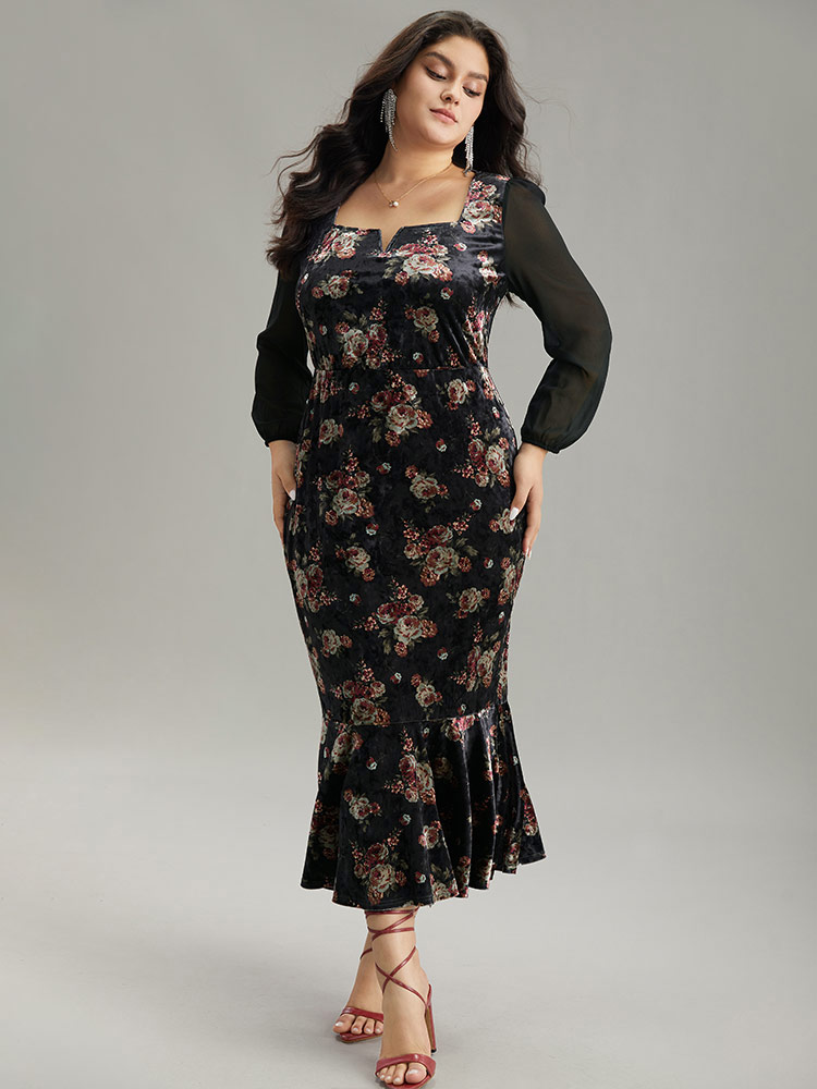 

Plus Size Velvet Floral Notched Ruffles Mermaid Hem Dress Black Women Cocktail Velvet Notched collar Long Sleeve Curvy Midi Dress BloomChic