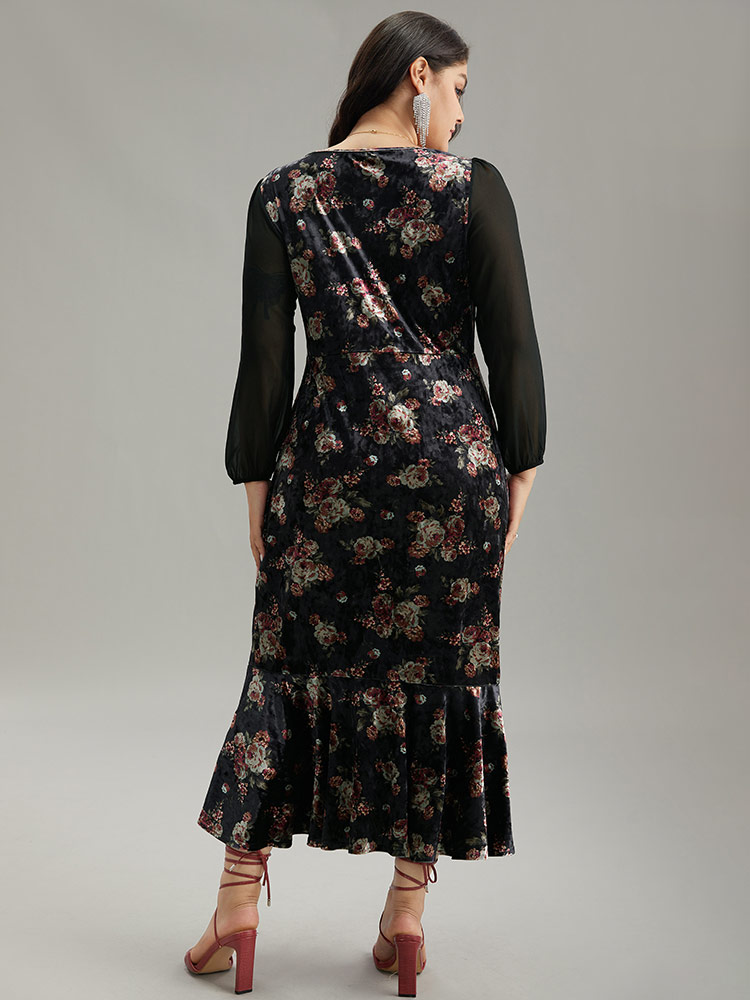 Plus Size Velvet Floral Notched Ruffles Mermaid Hem Dress Black Women Cocktail Velvet Notched collar Long Sleeve Curvy Midi Dress BloomChic 26/4X 