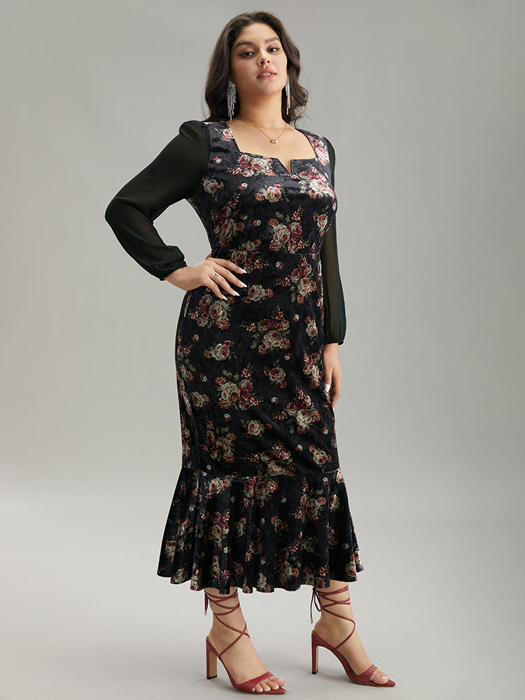 Plus Size Velvet Floral Notched Ruffles Mermaid Hem Dress Black Women Cocktail Velvet Notched collar Long Sleeve Curvy Midi Dress BloomChic 26/4X 