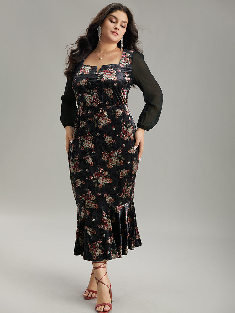 Plus Size Velvet Floral Notched Ruffles Mermaid Hem Dress Black Women Cocktail Velvet Notched collar Long Sleeve Curvy Midi Dress BloomChic 26/4X 