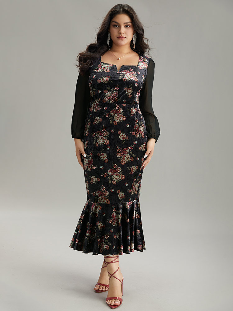 Plus Size Velvet Floral Notched Ruffles Mermaid Hem Dress Black Women Cocktail Velvet Notched collar Long Sleeve Curvy Midi Dress BloomChic 26/4X 