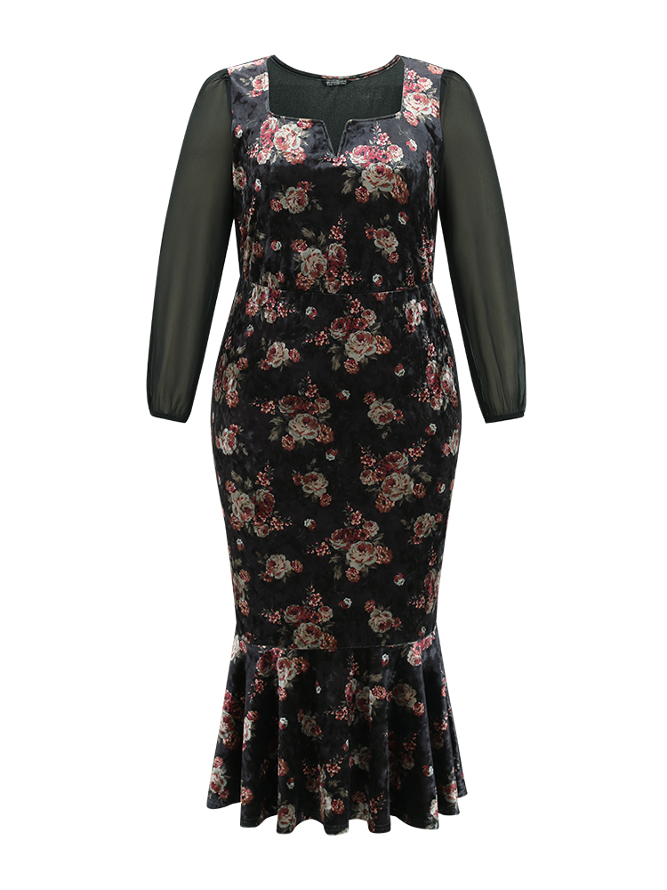 Plus Size Velvet Floral Notched Ruffles Mermaid Hem Dress Black Women Cocktail Velvet Notched collar Long Sleeve Curvy Midi Dress BloomChic 26/4X 