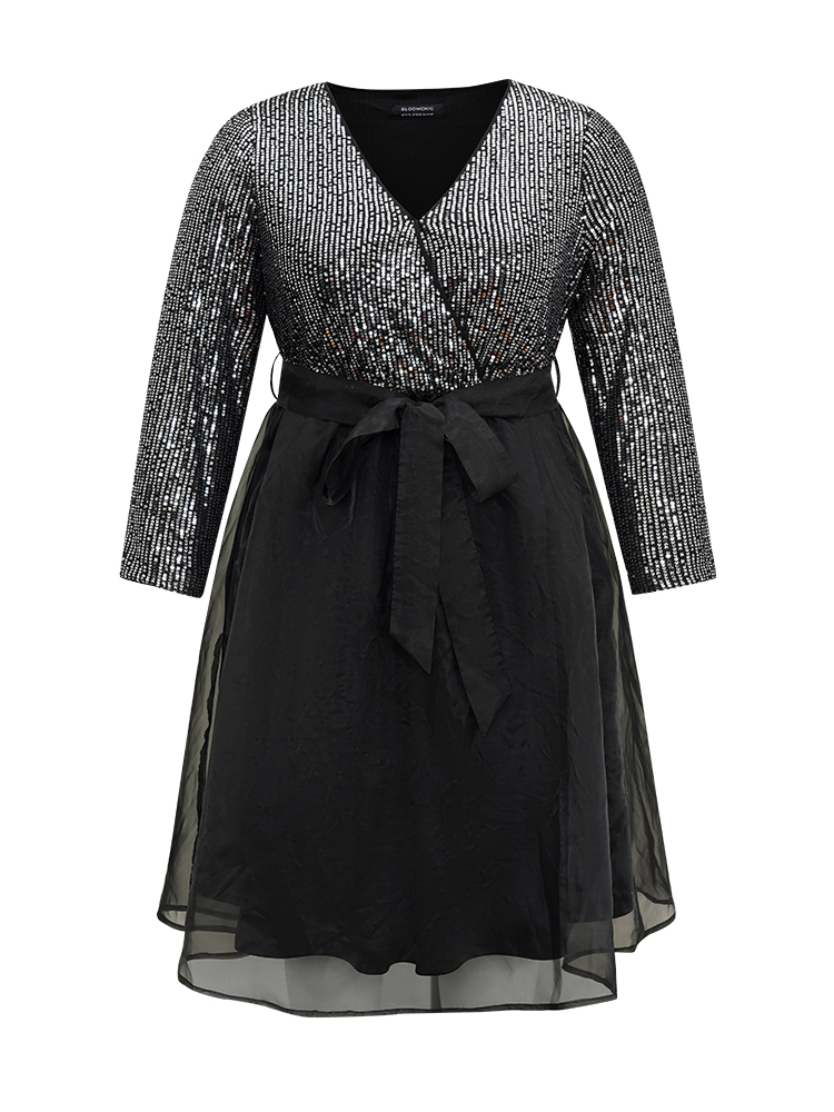 

Plus Size Sequin Mesh Patchwork Wrap Belted Dress Black Women Cocktail Sequin Overlap Collar Long Sleeve Curvy Midi Dress BloomChic