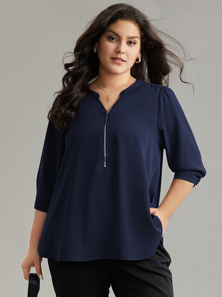 

Plus Size DarkBlue Plain Half Zip Gathered Blouse Women Work From Home Elbow-length sleeve V-neck Work Blouses BloomChic