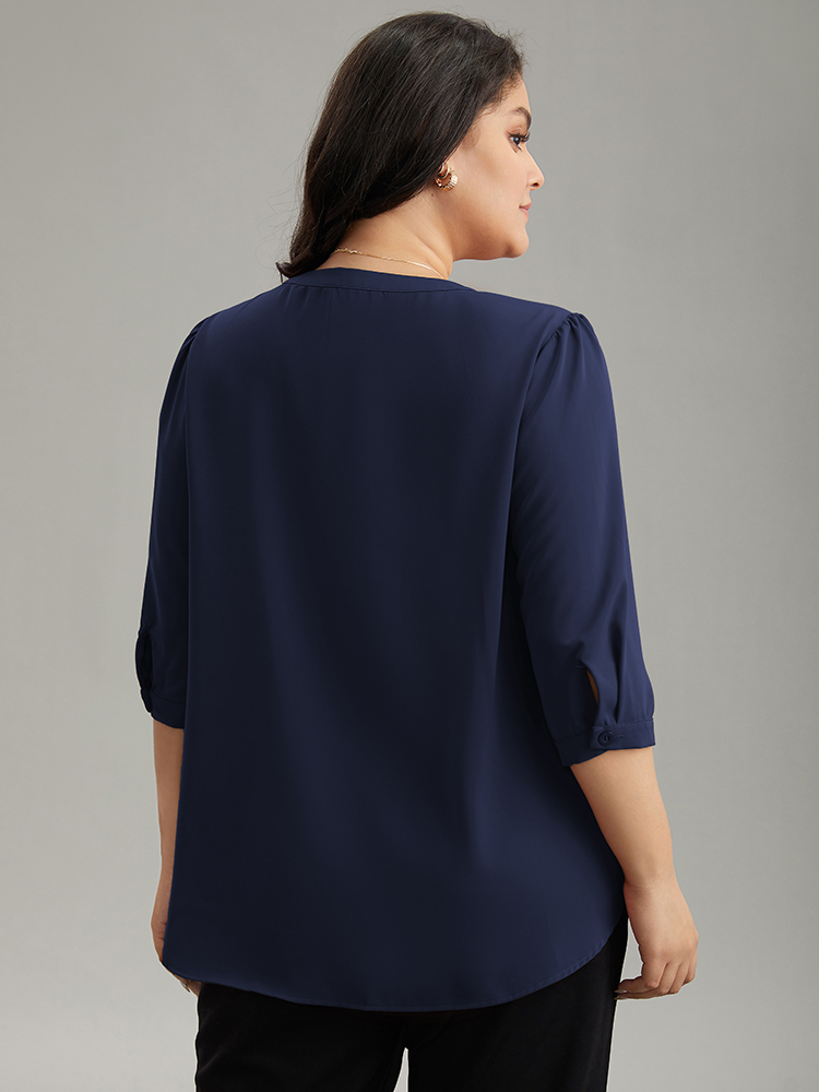 Plus Size DarkBlue Plain Half Zip Gathered Blouse Women Work From Home Elbow-length sleeve V-neck Work Blouses BloomChic 10/M 