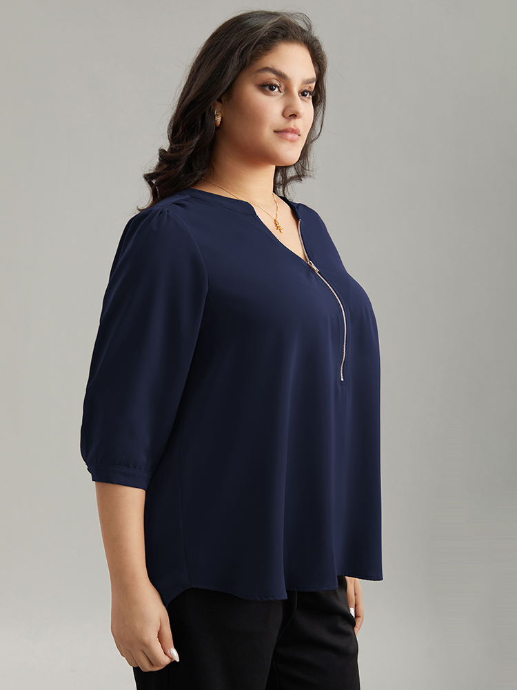 

Plus Size DarkBlue Plain Half Zip Gathered Blouse Women Work From Home Elbow-length sleeve V-neck Work Blouses BloomChic