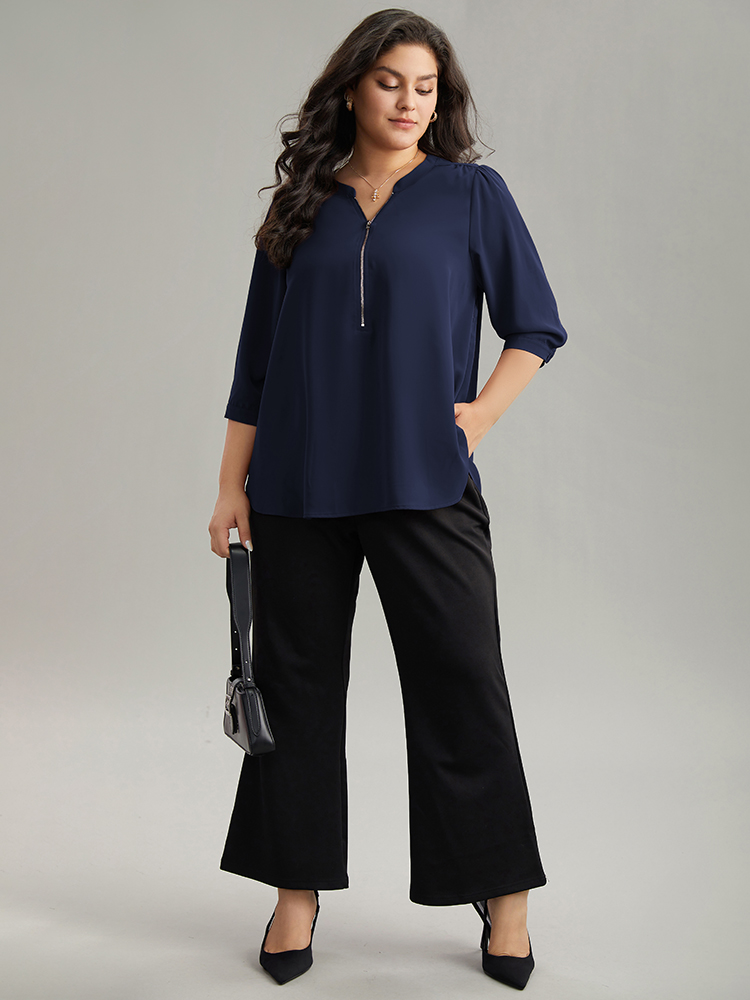 Plus Size DarkBlue Plain Half Zip Gathered Blouse Women Work From Home Elbow-length sleeve V-neck Work Blouses BloomChic 10/M 