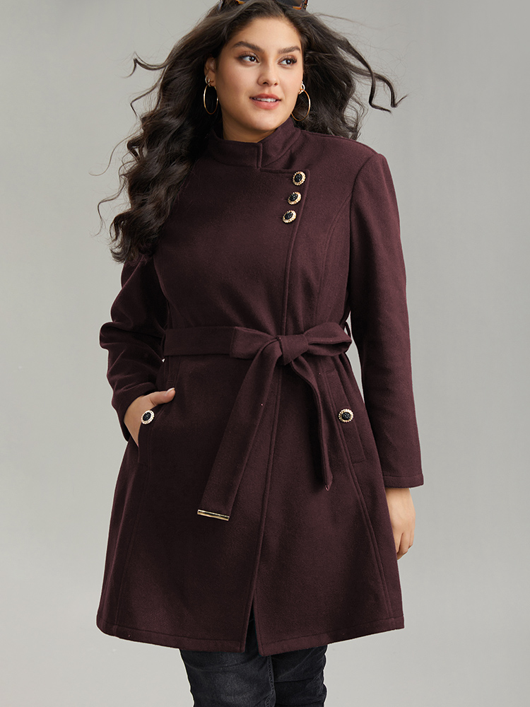 

Plus Size Solid Metal Detail Belted Pocket Coat Women Scarlet Elegant Plain Ladies Everyday Winter Coats BloomChic