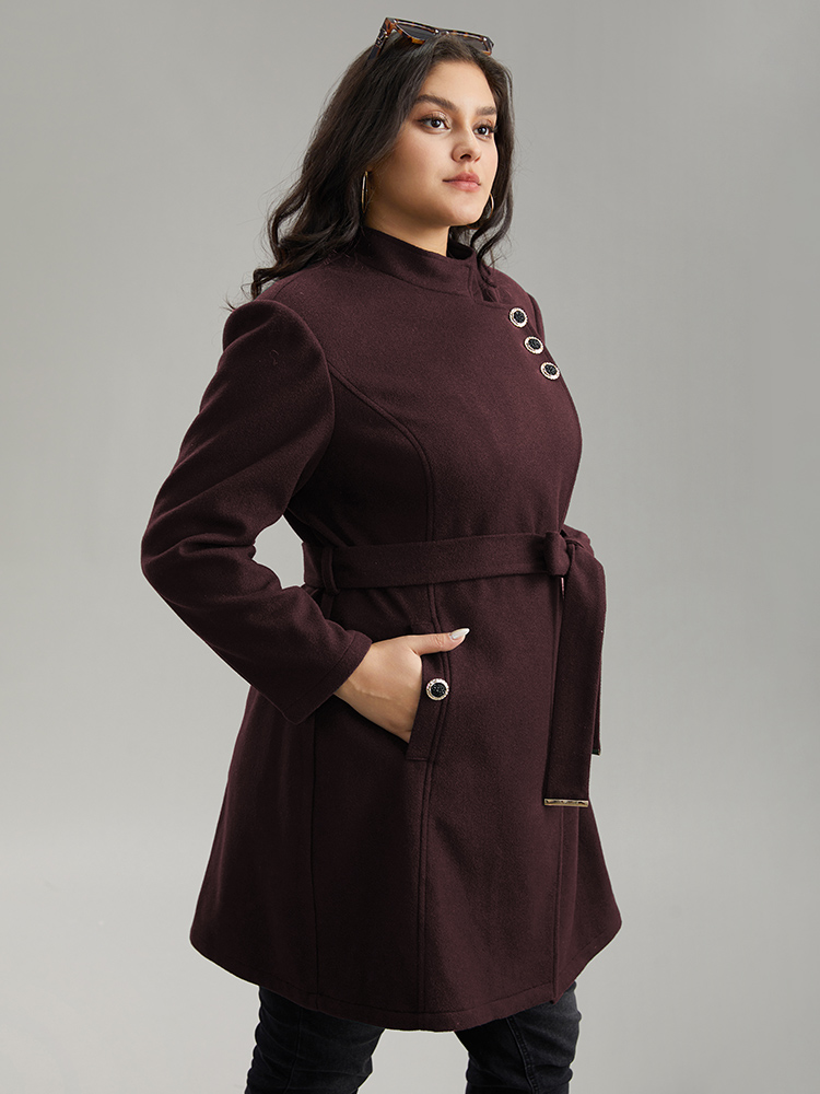 

Plus Size Solid Metal Detail Belted Pocket Coat Women Scarlet Elegant Plain Ladies Everyday Winter Coats BloomChic