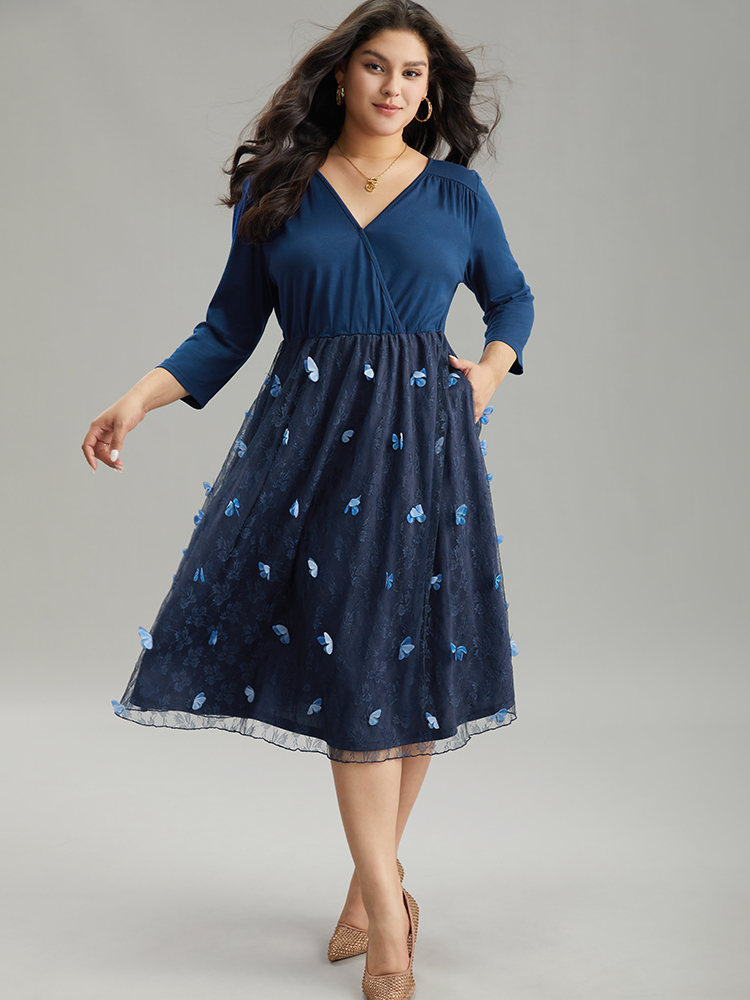 

Plus Size Butterfly Patchwork Overlap Collar Mesh Dress DarkBlue Women Elegant Lined Overlap Collar Elbow-length sleeve Curvy Midi Dress BloomChic