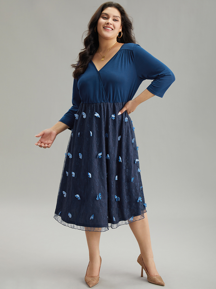 

Plus Size Butterfly Patchwork Overlap Collar Mesh Dress DarkBlue Women Elegant Lined Overlap Collar Elbow-length sleeve Curvy Midi Dress BloomChic