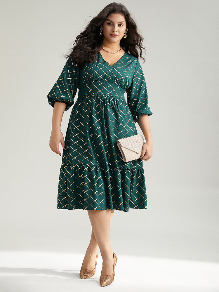 

Plus Size Glitter Plaid Lantern Sleeve Ruffle Hem Dress DarkGreen Women Party Elastic cuffs V-neck Elbow-length sleeve Curvy Midi Dress BloomChic