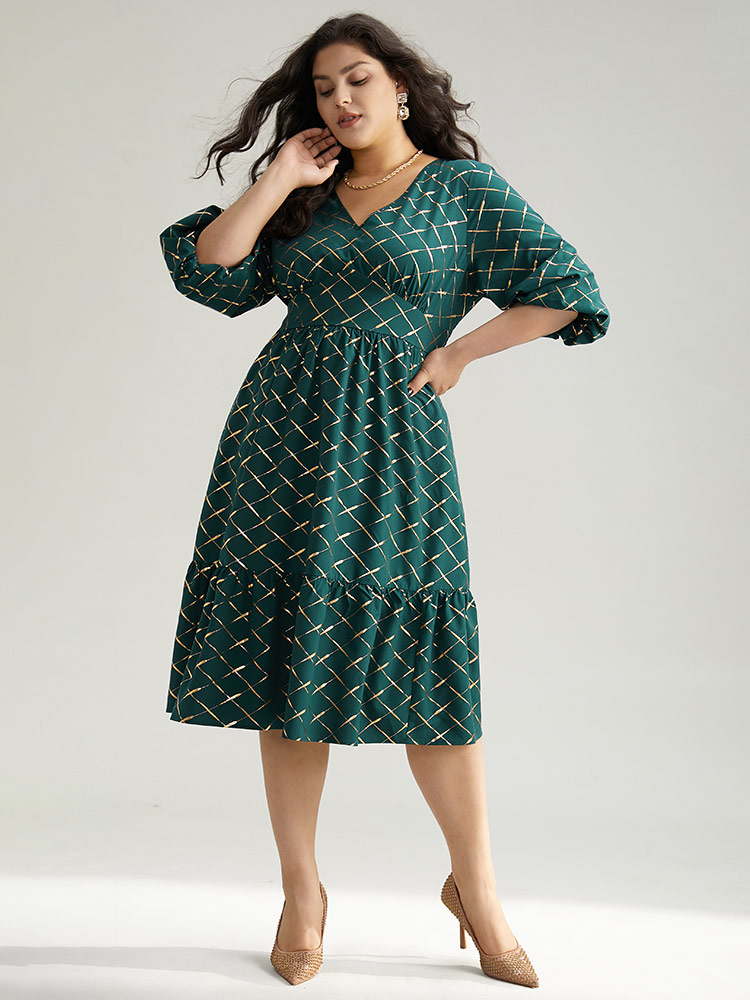 

Plus Size Glitter Plaid Lantern Sleeve Ruffle Hem Dress DarkGreen Women Party Elastic cuffs V-neck Elbow-length sleeve Curvy Midi Dress BloomChic