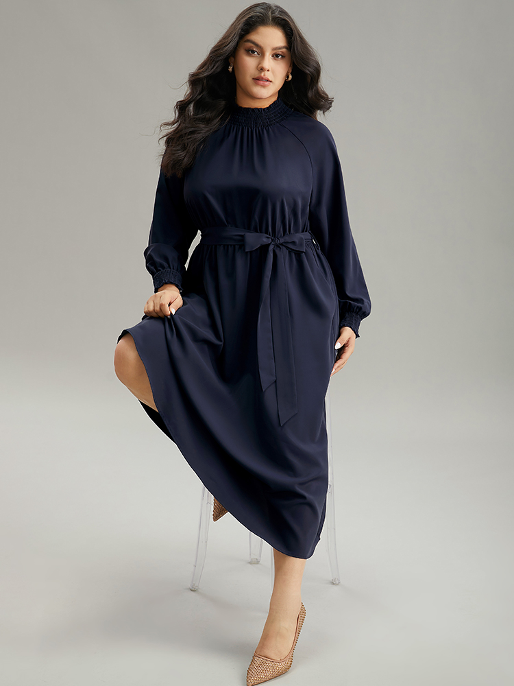 

Plus Size Anti-Wrinkle Plain Shirred Mock Neck Belted Dress DarkBlue Women Elegant Elastic cuffs Mock Neck Long Sleeve Curvy Midi Dress BloomChic