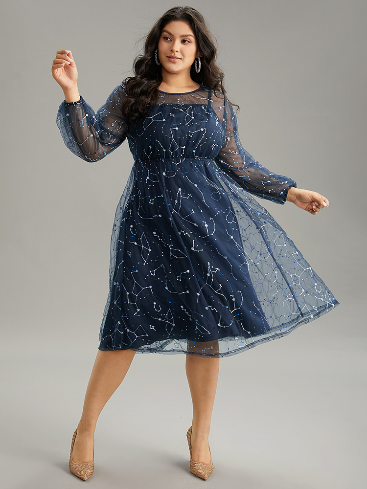 

Plus Size Galaxy Sequin Mesh Embroidered Patchwork Dress Indigo Women Glamour Sequin Round Neck Long Sleeve Curvy Midi Dress BloomChic