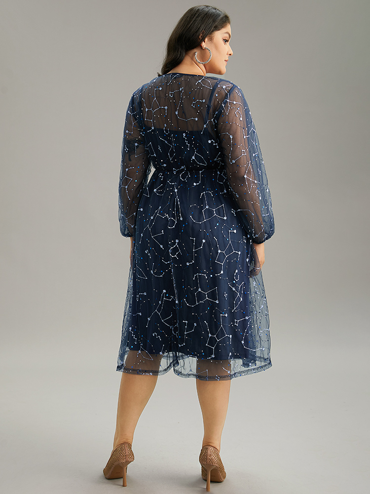 Plus Size Galaxy Sequin Mesh Embroidered Patchwork Dress Indigo Women Glamour Sequin Round Neck Long Sleeve Curvy Midi Dress BloomChic 14-16/1X 