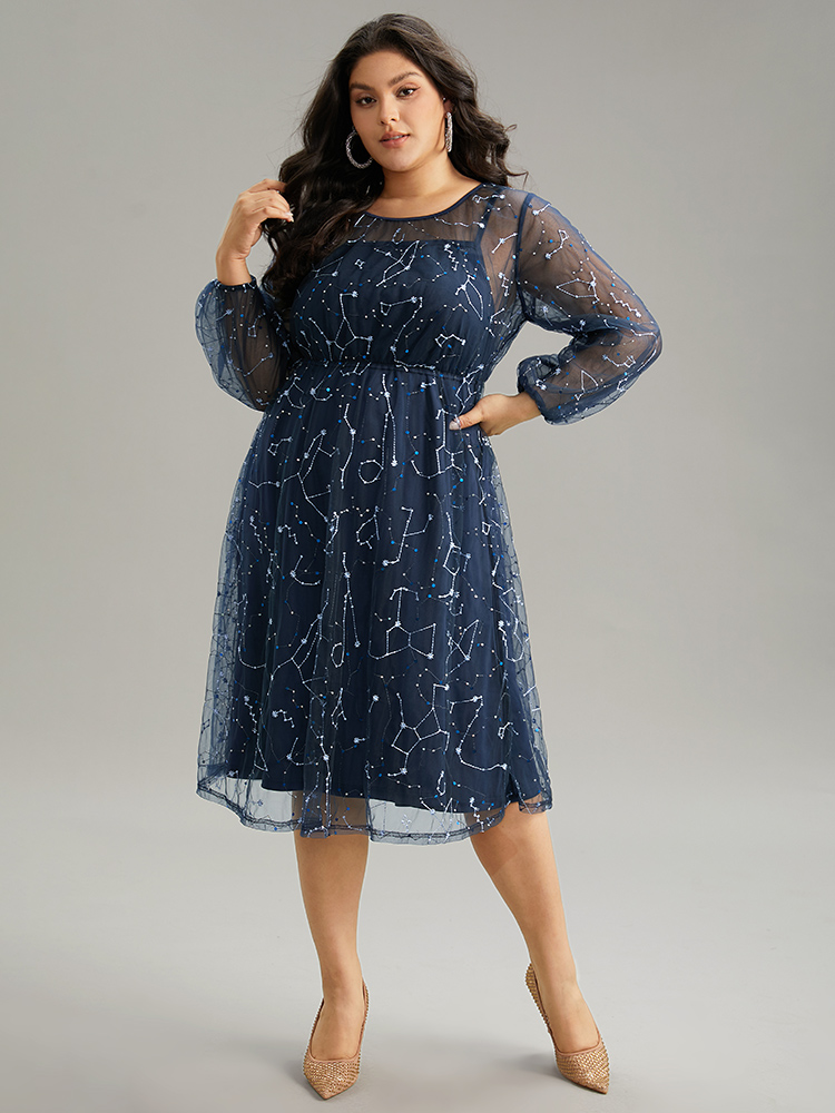Plus Size Galaxy Sequin Mesh Embroidered Patchwork Dress Indigo Women Glamour Sequin Round Neck Long Sleeve Curvy Midi Dress BloomChic 14-16/1X 