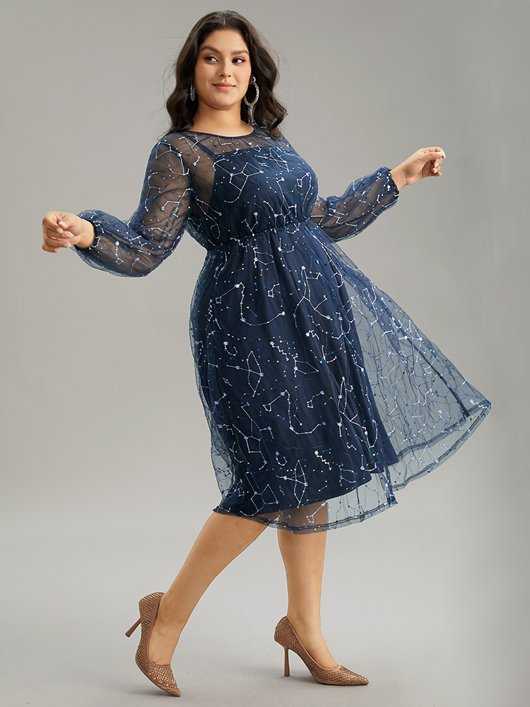 Plus Size Galaxy Sequin Mesh Embroidered Patchwork Dress Indigo Women Glamour Sequin Round Neck Long Sleeve Curvy Midi Dress BloomChic 14-16/1X 