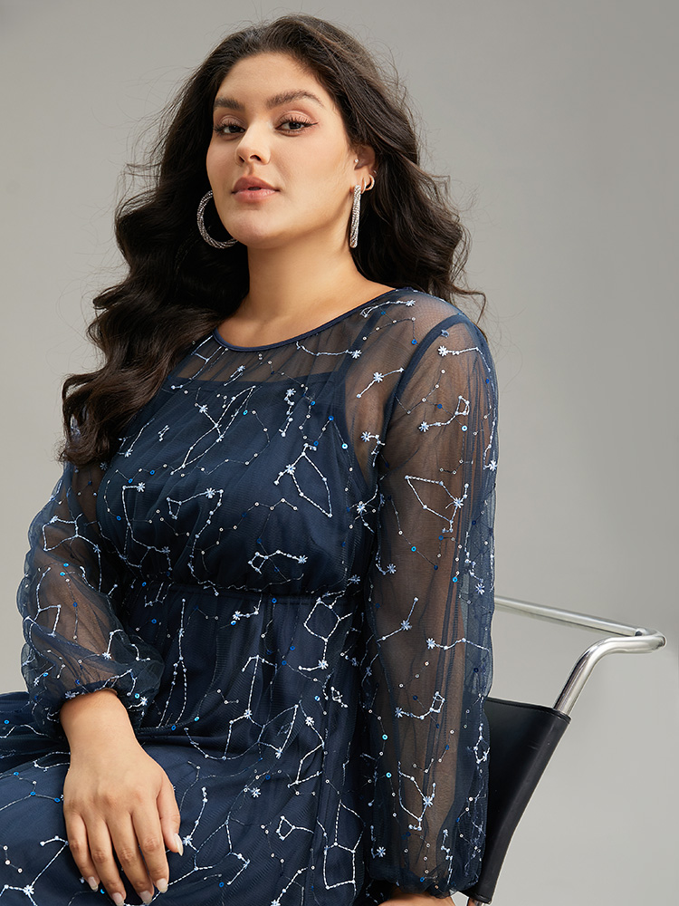 Plus Size Galaxy Sequin Mesh Embroidered Patchwork Dress Indigo Women Glamour Sequin Round Neck Long Sleeve Curvy Midi Dress BloomChic 14-16/1X 