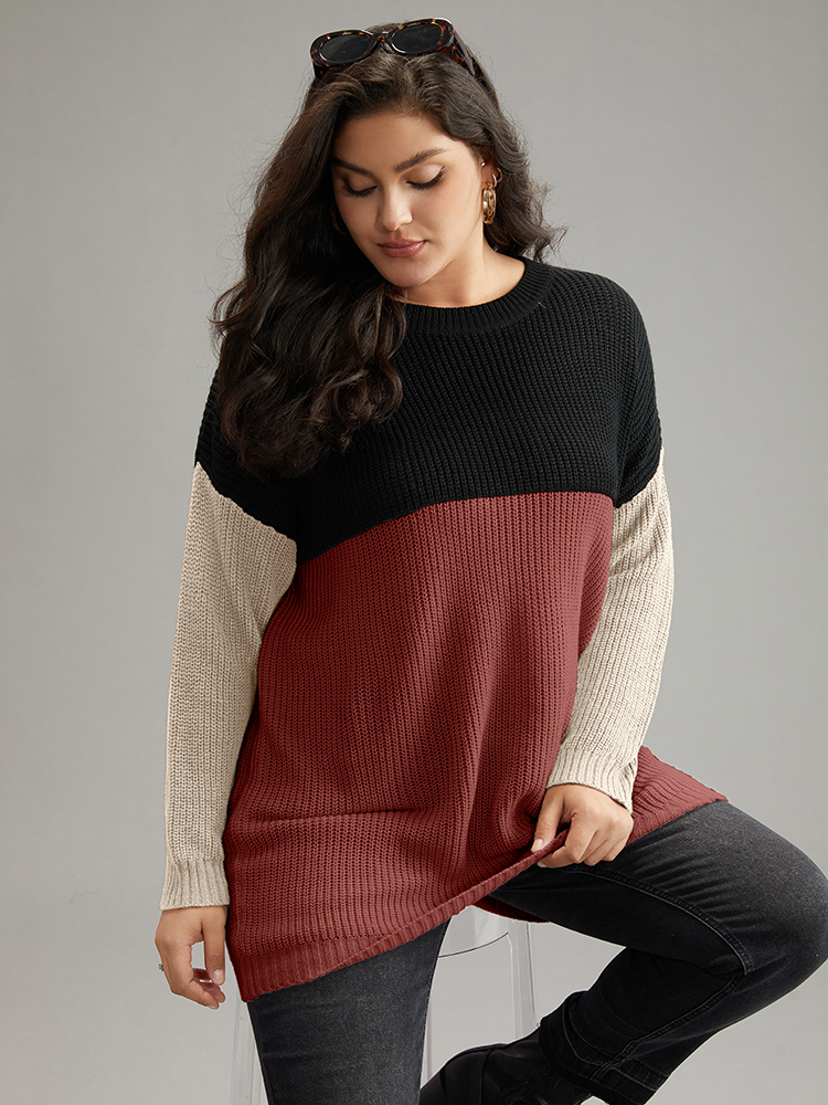 

Plus Size Colorblock Contrast Crew Neck Pullover Rust Women Casual Loose Long Sleeve Round Neck Dailywear Pullovers BloomChic