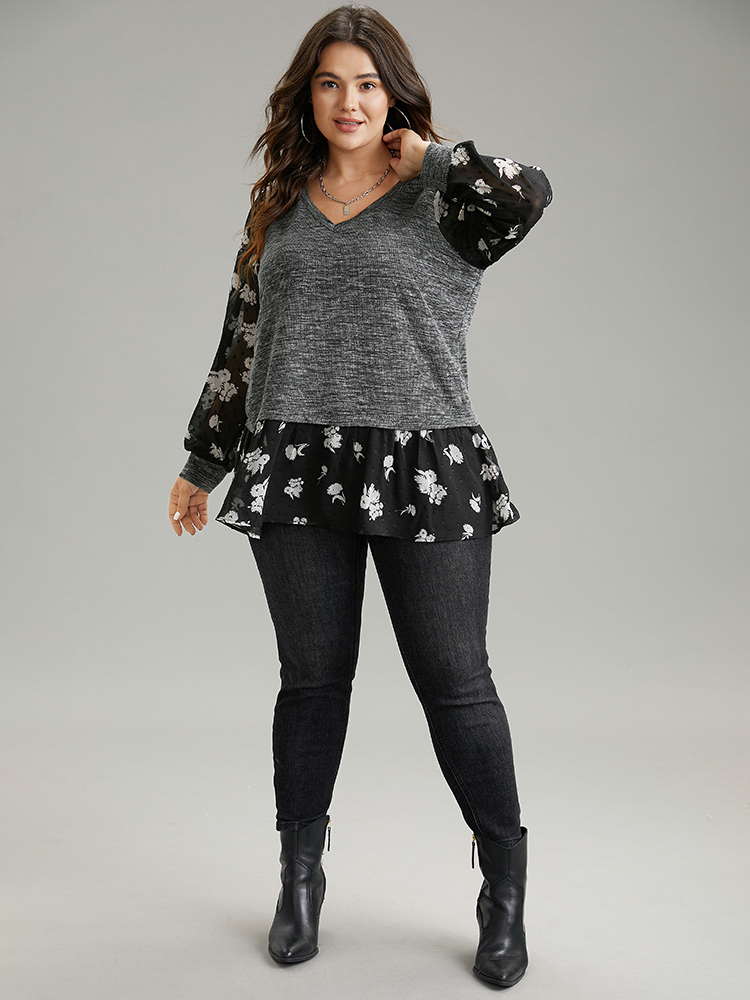 

Plus Size Rib Knit Plants Print Mesh T-shirt BlackFlower V-neck Long Sleeve Elegant Jersey Tops