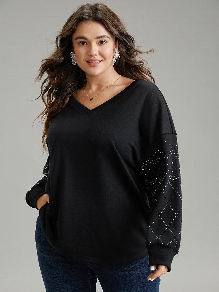 

Plus Size Rhinestone Plain Drop Shoulder Sweatshirt Women Black Elegant Rib Knit V-neck Dailywear Sweatshirts BloomChic