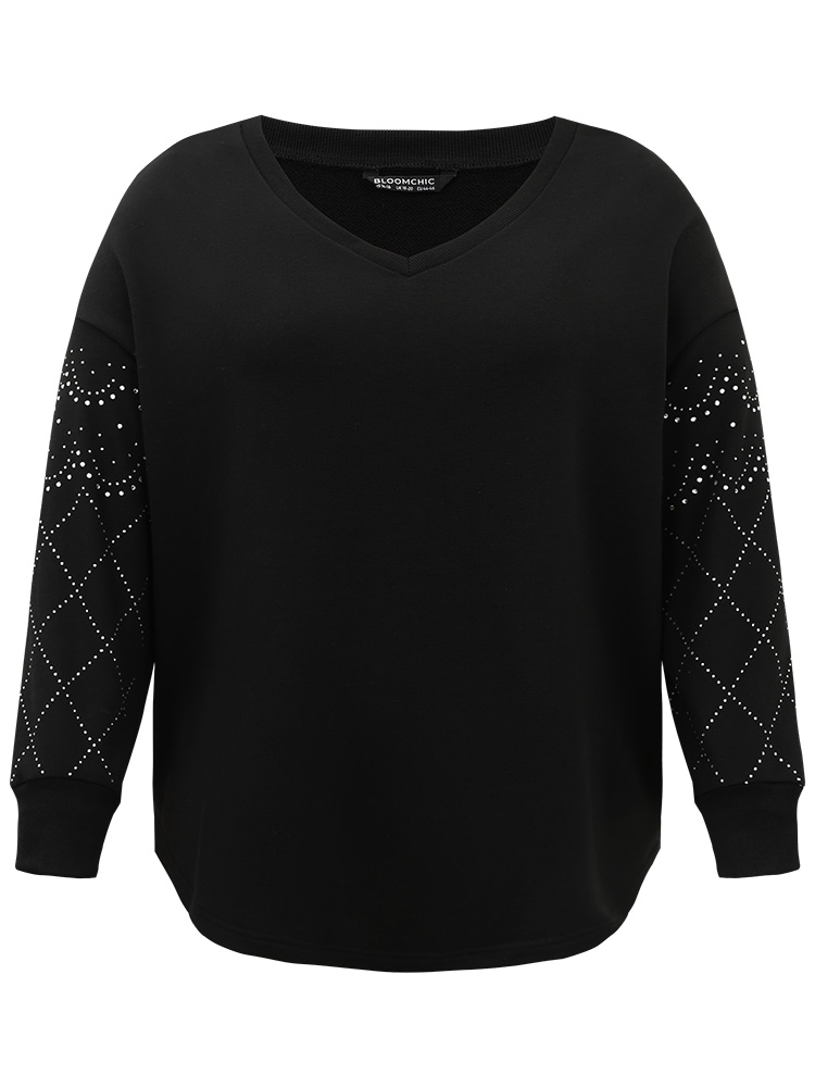 

Plus Size Rhinestone Plain Drop Shoulder Sweatshirt Women Black Elegant Rib Knit V-neck Dailywear Sweatshirts BloomChic