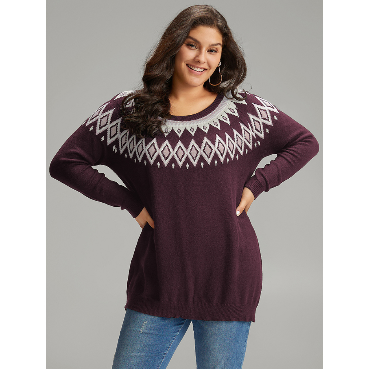 

Plus Size Supersoft Essentials Geo Contrast Raglan Sleeve Pullover Eggplant Women Casual Loose Long Sleeve Round Neck Dailywear Pullovers BloomChic