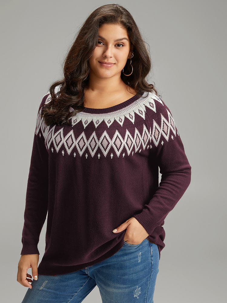 

Plus Size Supersoft Essentials Geo Contrast Raglan Sleeve Pullover Eggplant Women Casual Loose Long Sleeve Round Neck Dailywear Pullovers BloomChic