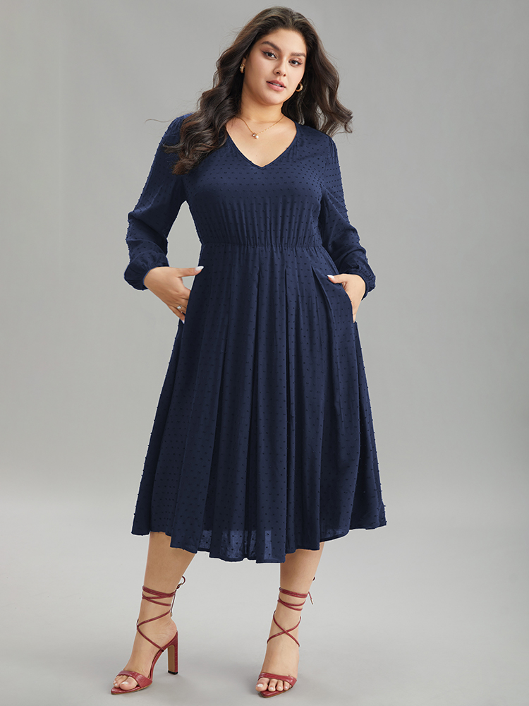 

Plus Size Static-Free Solid Lantern Sleeve Pleated Dress DarkBlue Women Elegant Elastic cuffs Round Neck Long Sleeve Curvy Midi Dress BloomChic