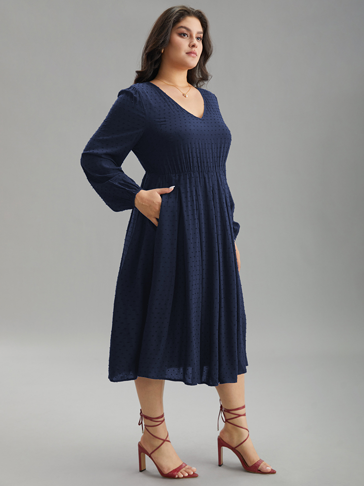 

Plus Size Static-Free Solid Lantern Sleeve Pleated Dress DarkBlue Women Elegant Elastic cuffs Round Neck Long Sleeve Curvy Midi Dress BloomChic