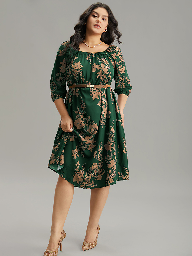 

Plus Size Silhouette Floral Print Elastic Cuffs Dress DarkGreen Women Elegant Elastic cuffs Square Neck Elbow-length sleeve Curvy Midi Dress BloomChic