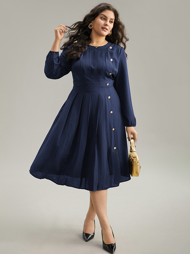 

Plus Size Static-Free Metal Detail Plicated Detail Dress Navy Women Office Elastic cuffs Round Neck Long Sleeve Curvy Midi Dress BloomChic