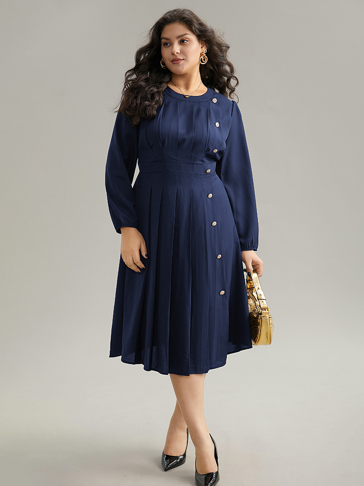 

Plus Size Static-Free Metal Detail Plicated Detail Dress Navy Women Office Elastic cuffs Round Neck Long Sleeve Curvy Midi Dress BloomChic