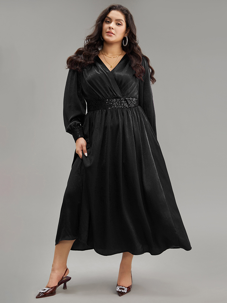 

Plus Size Plain Sequin Patchwork Texture Dress Black Women Cocktail Non V-neck Long Sleeve Curvy Midi Dress BloomChic