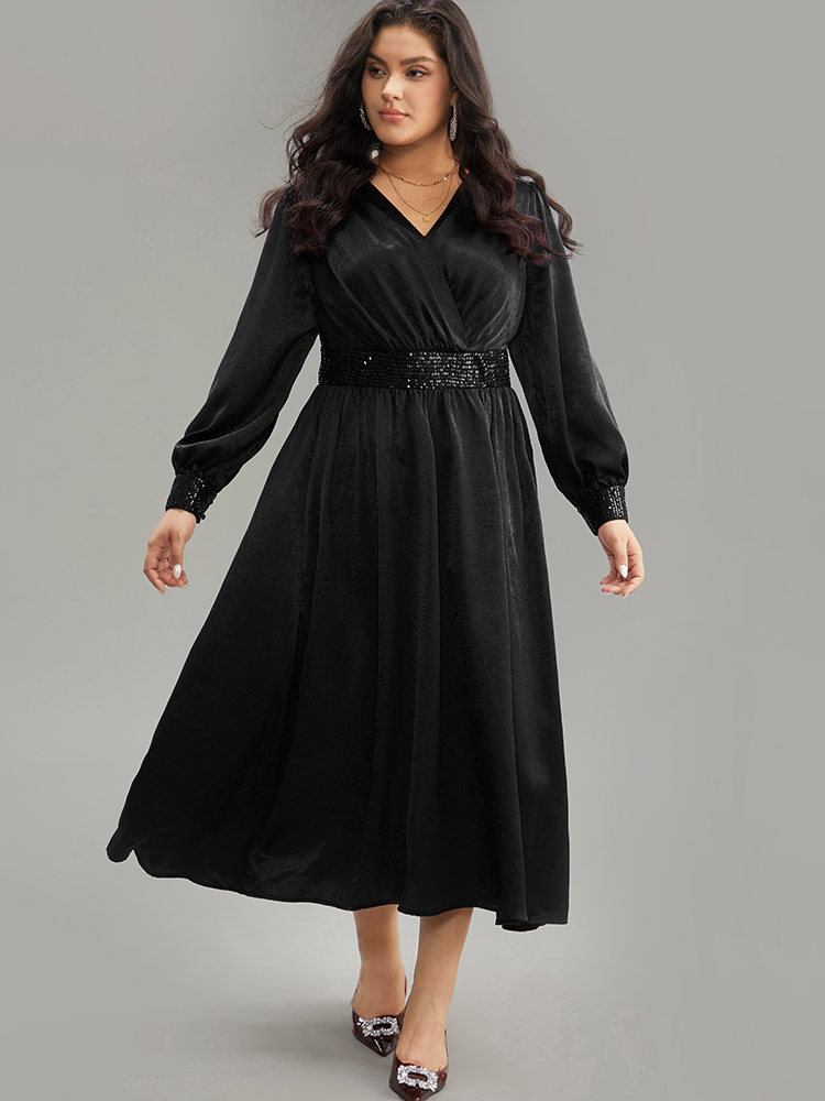 

Plus Size Plain Sequin Patchwork Texture Dress Black Women Cocktail Non V-neck Long Sleeve Curvy Midi Dress BloomChic